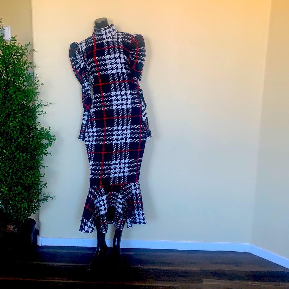 Women's Plaid High Neck Mermaid Hem Bodycon Dress